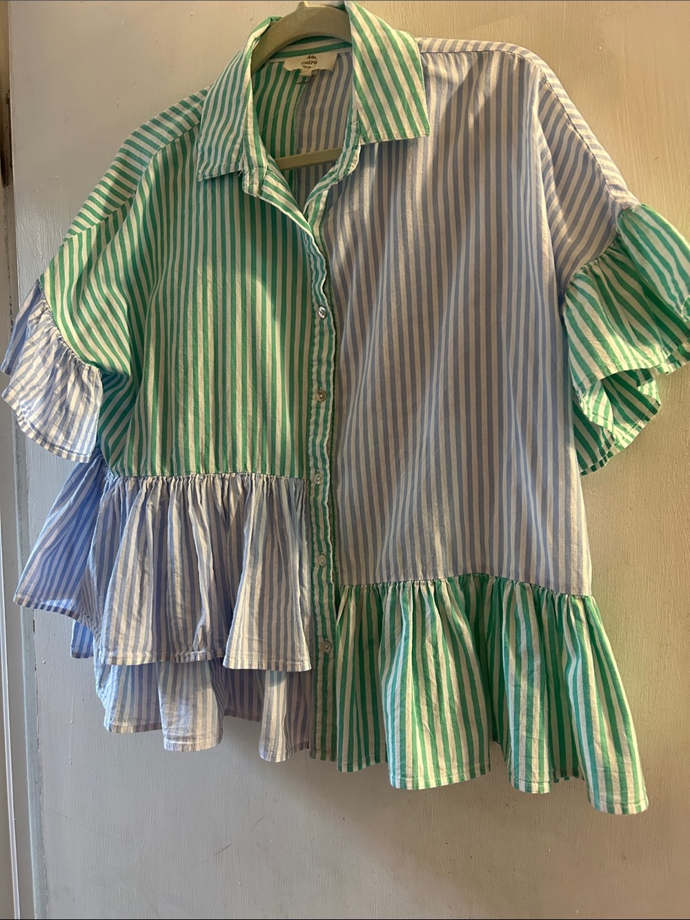 Entro Green & Blue Striped Ruffle Button-Front Blouse